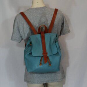 Author Leather  Aqua Blue brown trim snap closure backpack  13" x 12" x 6"